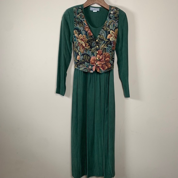 VTG Carol Anderson Green Dress with with Tapestry Bodice Size 6 - Picture 2 of 15